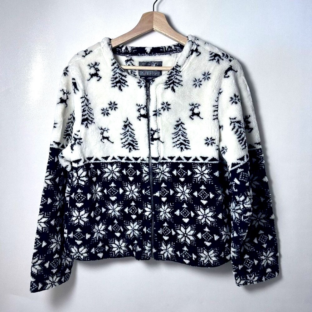 Tsunami Jacket Womens Medium Fleece Faux Fur Deer Christmas Trees Outdoo…